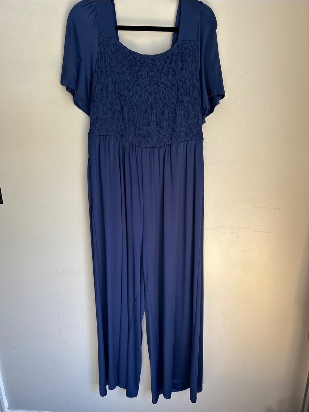 Navy Blue Wide-Leg Smocked Jumpsuit With Short Sleeves and pockets, 2XL